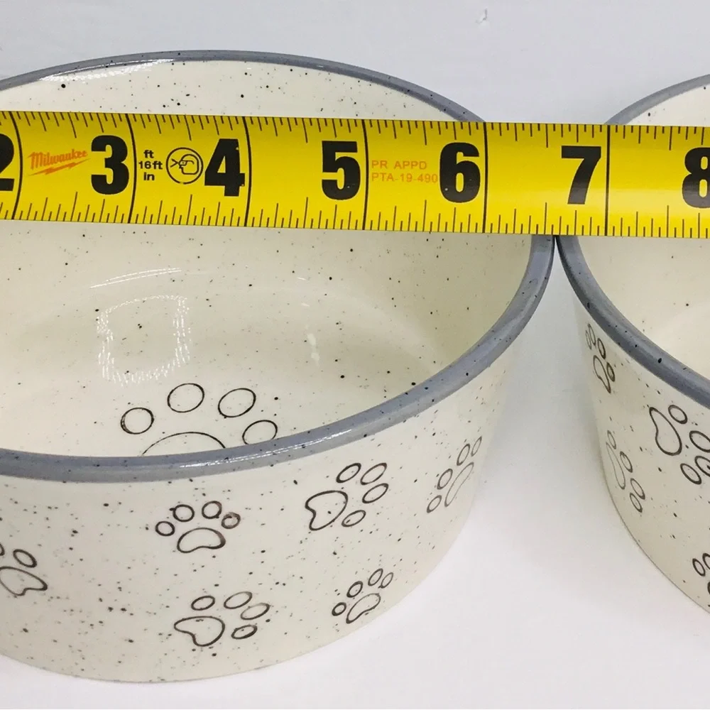 2 Pet Bowl Cat Kitten PAWS Food Water Dish Bowl Pacifica Pottery Gray New